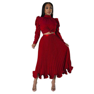Cap Point Red / S Dinanga Elegant Slim Two Piece Solid Satin Puff Sleeve Top Ruffle Dress