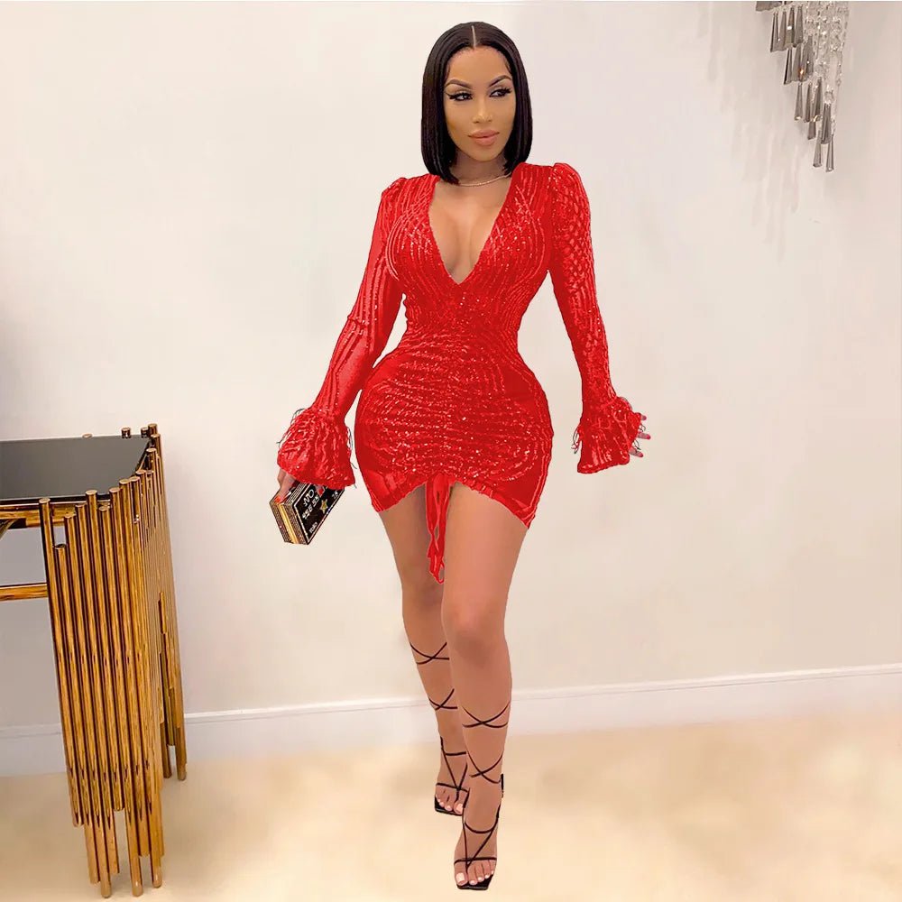 Cap Point Red / S Echoine Luxurious Sequin V-neck Black Mini Dress
