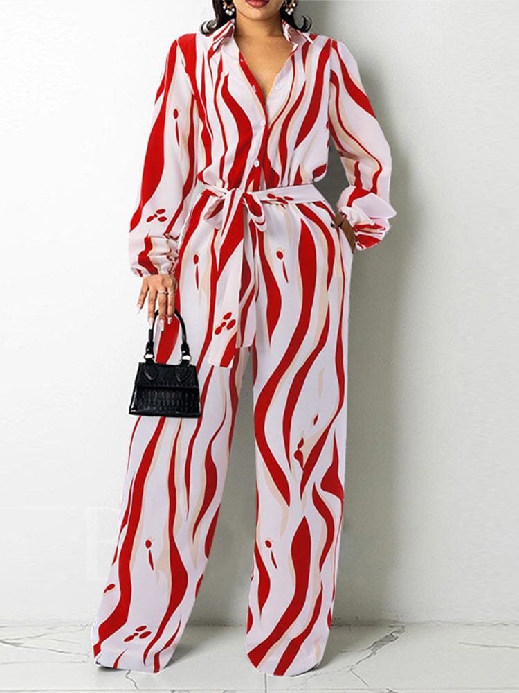 Cap Point Red / S Eden Long Sleeve Belted Loose Oversized Romper