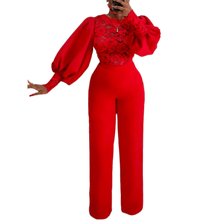 Load image into Gallery viewer, Cap Point Red / S Elegant Fashion Puffy Long Sleeve Lace Stitching See Through Wide Leg Jumpsuit
