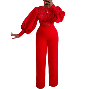 Cap Point Red / S Elegant Fashion Puffy Long Sleeve Lace Stitching See Through Wide Leg Jumpsuit