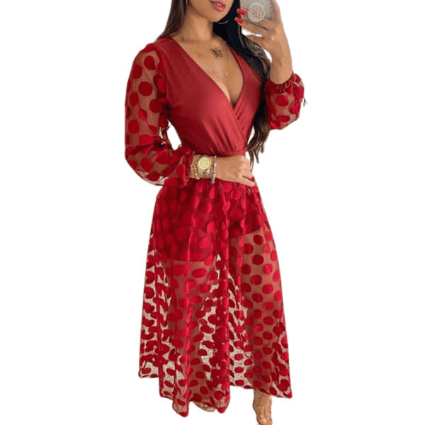 Cap Point Red / S Elegant Polkadot Print Wrap Long Sleeve Maxi Dress