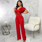 Cap Point Red / S Elianne High Waist Plain Short Sleeve Wide Leg Jumpsuit