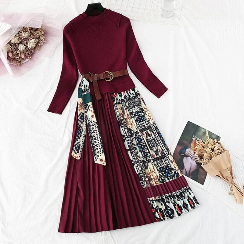Cap Point red / XXL Elisa Knitted A-line Long Sleeve Pleated Sweater Dress