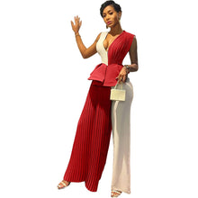 Load image into Gallery viewer, Cap Point Red / S Emilie Patchwork Pleated Sleevel V-neck Wide Leg Staight Sleeveless Jumpsuit
