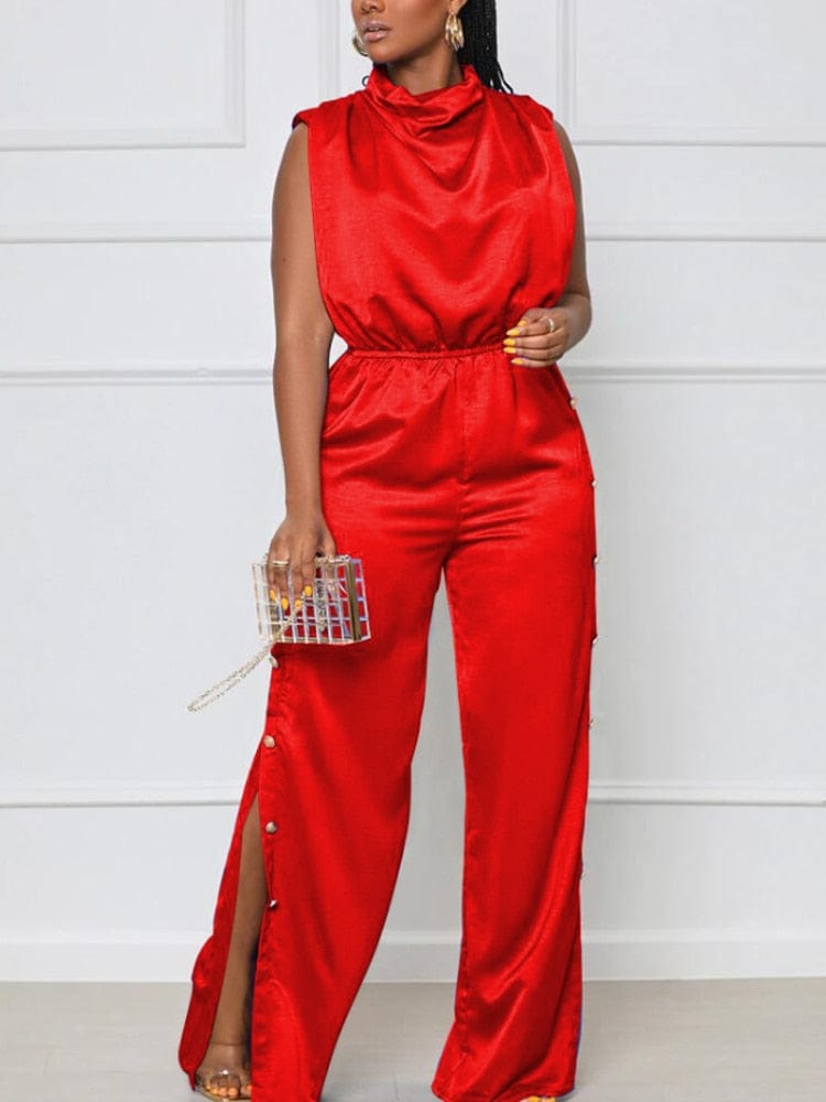 Cap Point Red / S Emilie Pile Neck Elastic Waist Wide Leg Split Sleeveless One Piece Overall Romper