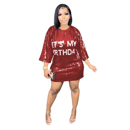 Cap Point Red / S Emilie Sequined Drop Shoulder Straight ONeck Shiny Style Mini Dress
