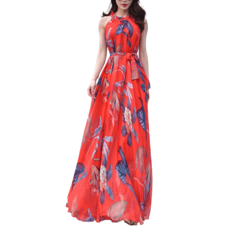 Cap Point Red / S Everly Floral Elegant Chiffon Sleeveless Strap Maxi Dress
