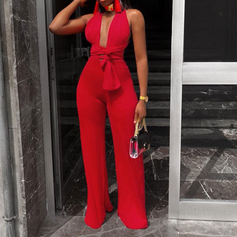 Cap Point Red / S Genevieve Sexy Wide Leg Sleeveless Lace Up V-Neck Multi Way Jumpsuit