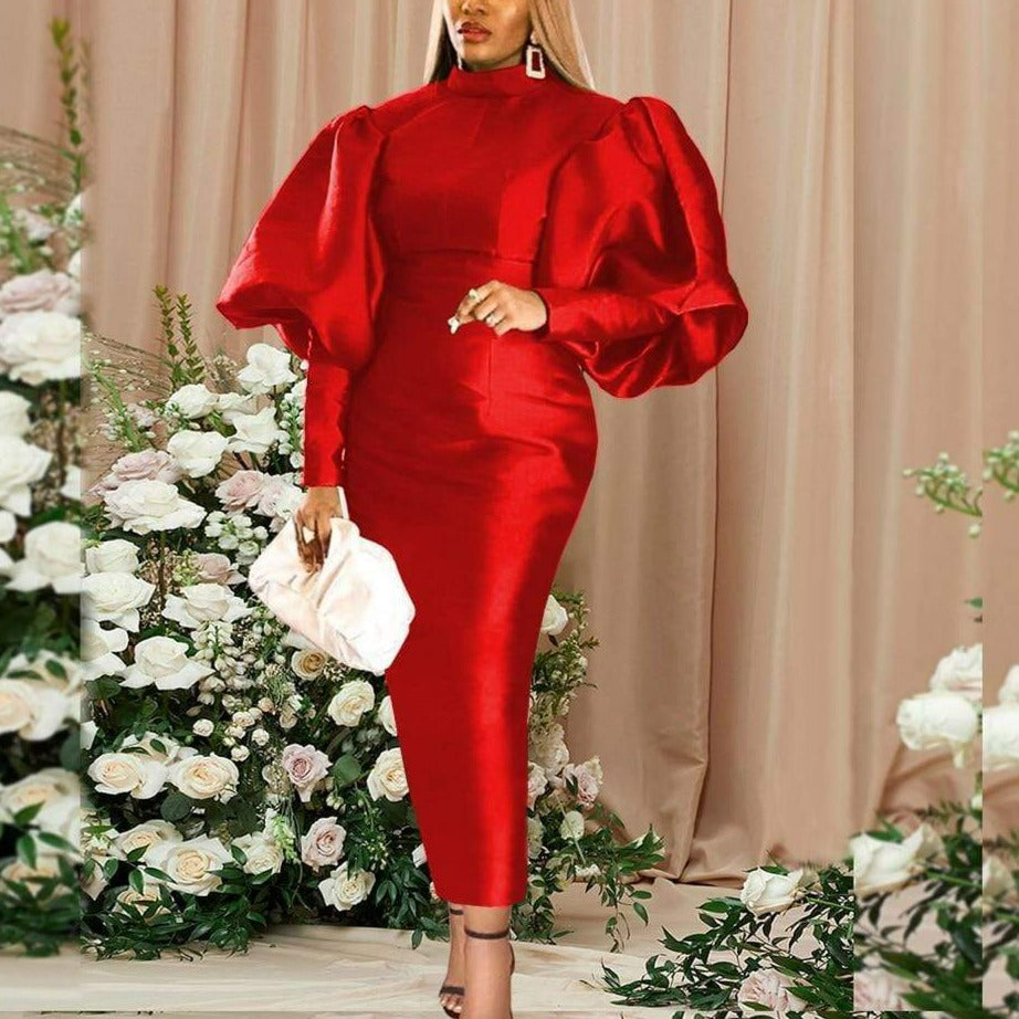 Cap Point Red / S Long Sexy Lantern High Neck Shiny Bodycon Christmas Dress