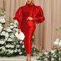 Cap Point Red / S Long Sexy Lantern High Neck Shiny Bodycon Christmas Dress