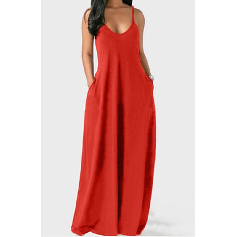 Cap Point Red / S Melania Sexy Bohemian Loose Sleeveless V-Neck Strappy Maxi Dress