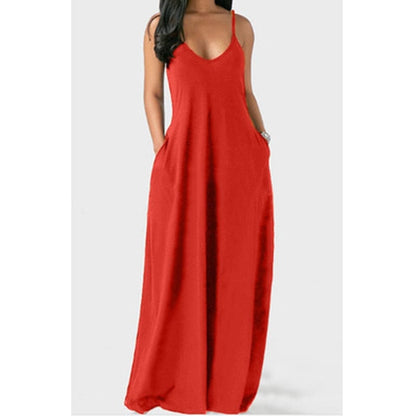 Cap Point Red / S Melania Sexy Bohemian Loose Sleeveless V-Neck Strappy Maxi Dress