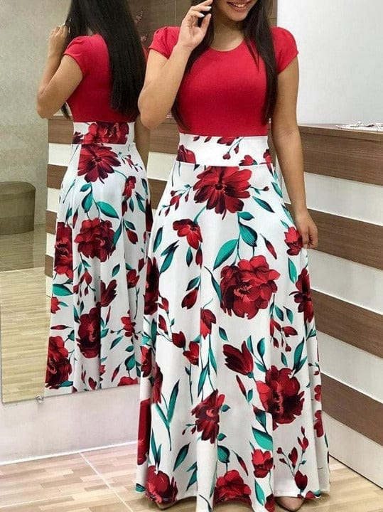 Cap Point Red / S Michelle Summer Banquet Floral Print Short Sleeve Maxi Dress