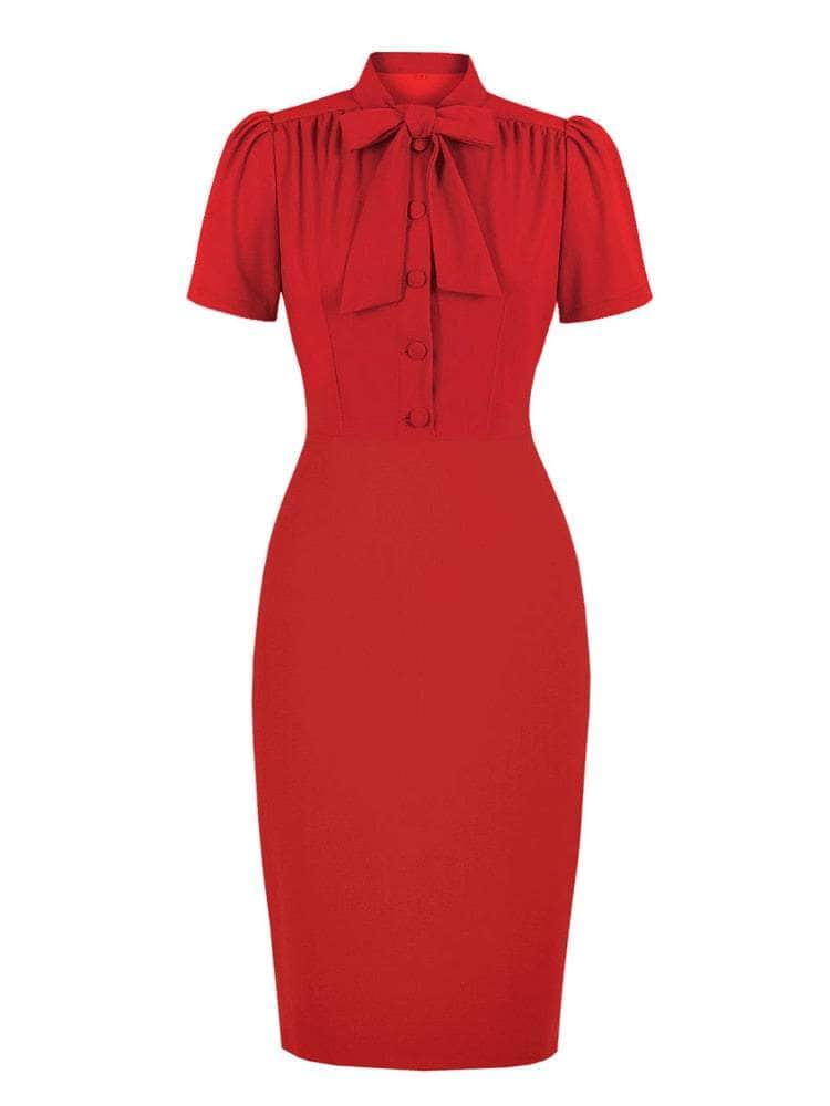 Cap Point Red / S Mriya Knot Tie Neck Button Up Short Sleeve Elegant Bodycon Dress