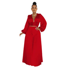 Load image into Gallery viewer, Cap Point Red / S Okeleye Two Piece Long Sleeve V Neck Crop Top Wide Leg Trousers Set
