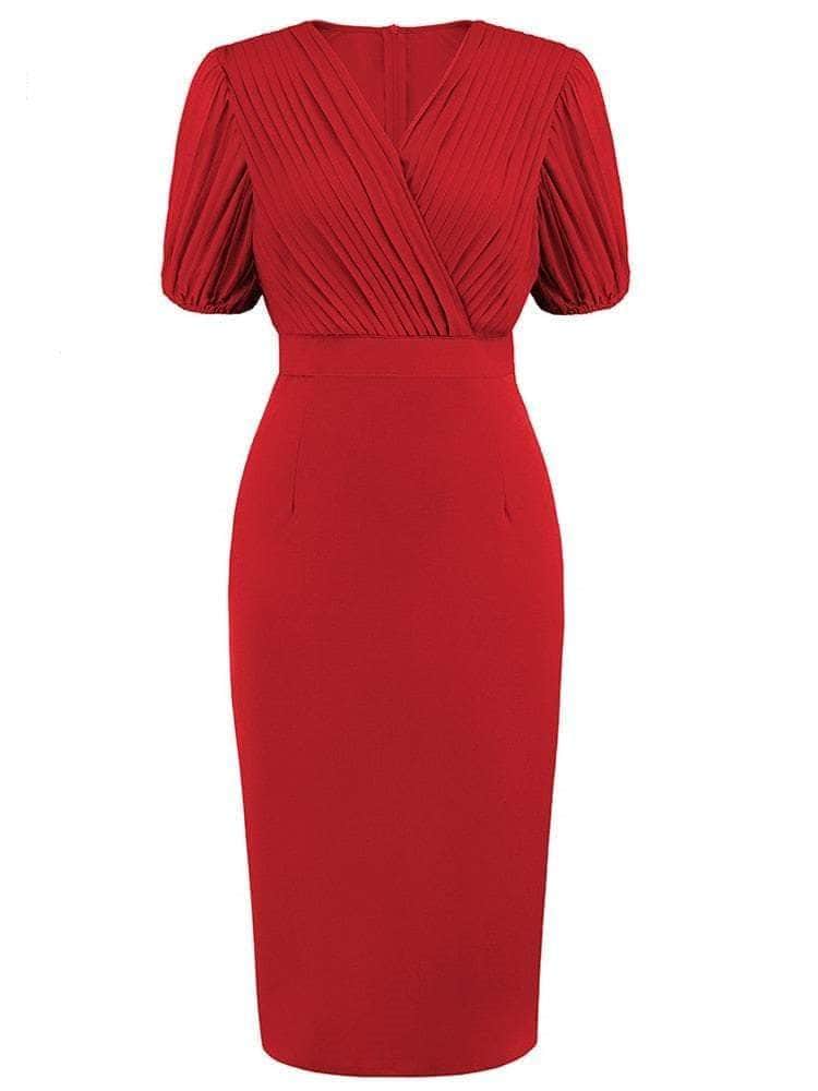 Cap Point Red / S Olivia Gorgeous Pencil Short Sleeve Bodycon Vintage Wrap Bodycon Dress