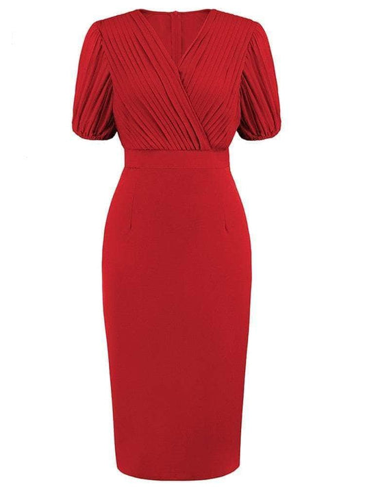 Cap Point Red / S Olivia Gorgeous Pencil Short Sleeve Bodycon Vintage Wrap Bodycon Dress