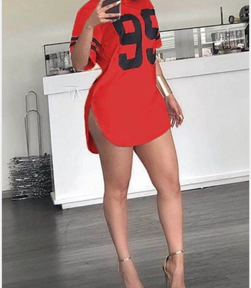 Cap Point Red / S Oversized Summer Tees Split Shirt Dress