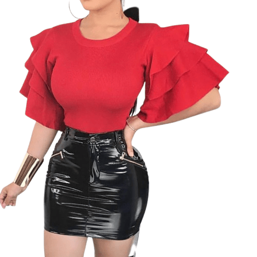 Cap Point Red / S Pascaline Multi-Layer Ruffle Wide Sleeve Casual Blouse