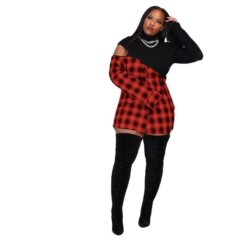 Cap Point Red / S Plaid Patchwork Club Wear Birthday Mini Dress