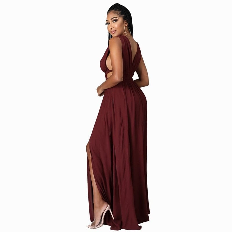 Cap Point Red / S Plain Sleeveless V-Neck Slit Maxi Dress