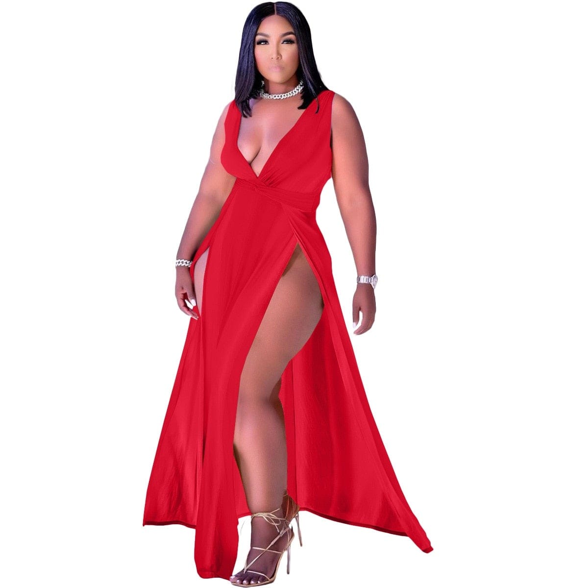 Cap Point Red / S Plain V-neck Sleeveless Loose Slit Maxi Dress