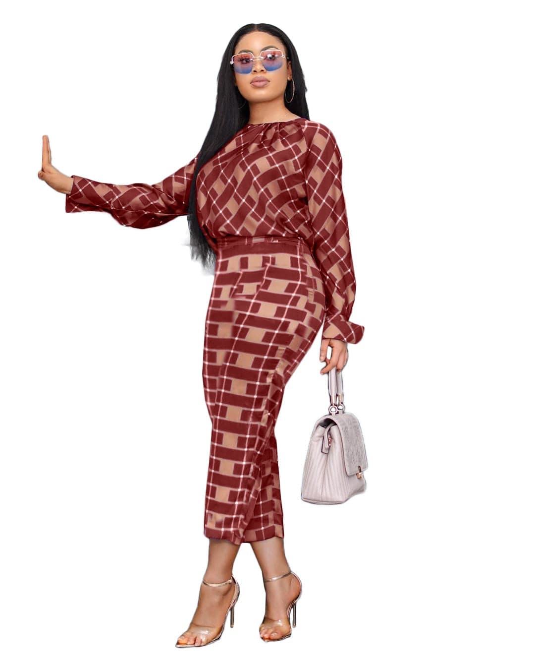 Cap Point Red / S Samantha Long Sleeves Loose T-Shirt Checked Pants Suit