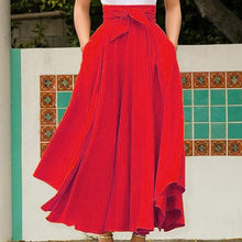 Load image into Gallery viewer, Cap Point Red / S Serena Solid A Line High Waist Bow Belt Flared Pleated Maxi Dress
