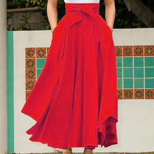 Cap Point Red / S Serena Solid A Line High Waist Bow Belt Flared Pleated Maxi Dress