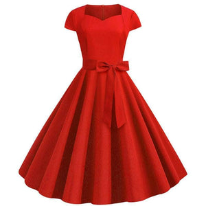 Cap Point Red / S Urielle Short Sleeve Square Collar Elegant Office Party Midi Dress with Belt