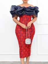 Load image into Gallery viewer, Cap Point Red / S Vintage Lace Puff Off Shoulder Slit Print Floral Pencil Dress
