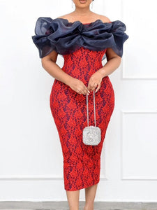 Cap Point Red / S Vintage Lace Puff Off Shoulder Slit Print Floral Pencil Dress