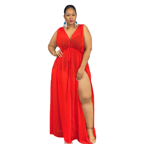 Cap Point Red / XL Carline Plus Size Sexy Half Open Collar Lace-up See Through Split Fork Mesh Maxi Dress
