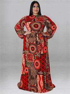 Cap Point Red / XL Doris Plus Size Elegant Long Sleeve Printed  Maxi Dress
