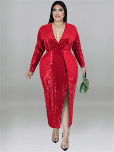 Cap Point Red / XL Doris Plus Size Fall V Neck Bodycon Elegant Sexy Evening Maxi Dress