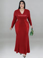 Cap Point Red / XL Doris Plus Size V Neck Sexy Long Sleeve Fashion Elegant Evening Luxurious Maxi Dress