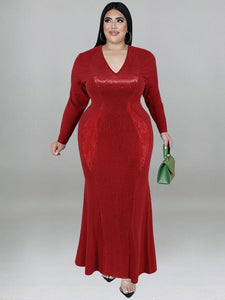 Cap Point Red / XL Doris Plus Size V Neck Sexy Long Sleeve Fashion Elegant Evening Luxurious Maxi Dress
