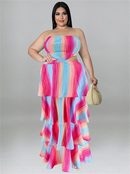 Cap Point Red / XL Melania Plus Size Ruffles Hem Off The Shoulder Hollow Out Elegant Maxi Dress