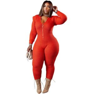 Cap Point Red / XL Perline Knitted Plus Size One Piece Outfit Hoodies Zip Up Bodycon Bodysuit