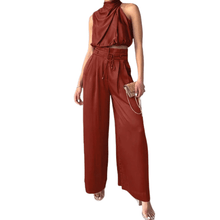 Load image into Gallery viewer, Cap Point Red / XS Eliza Two Piece Silk Pleated Texture Sleeveless Top Wide Leg Pants Set
