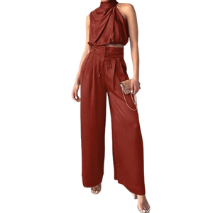 Cap Point Red / XS Eliza Two Piece Silk Pleated Texture Sleeveless Top Wide Leg Pants Set