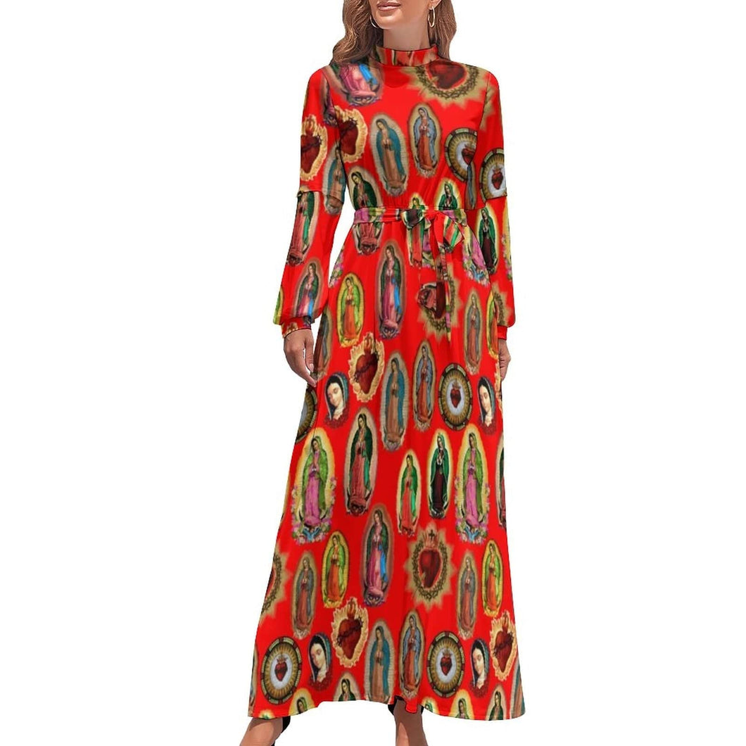 Cap Point Red / XS Mary High Neck Long-Sleeve Boho Style Maxi Dress