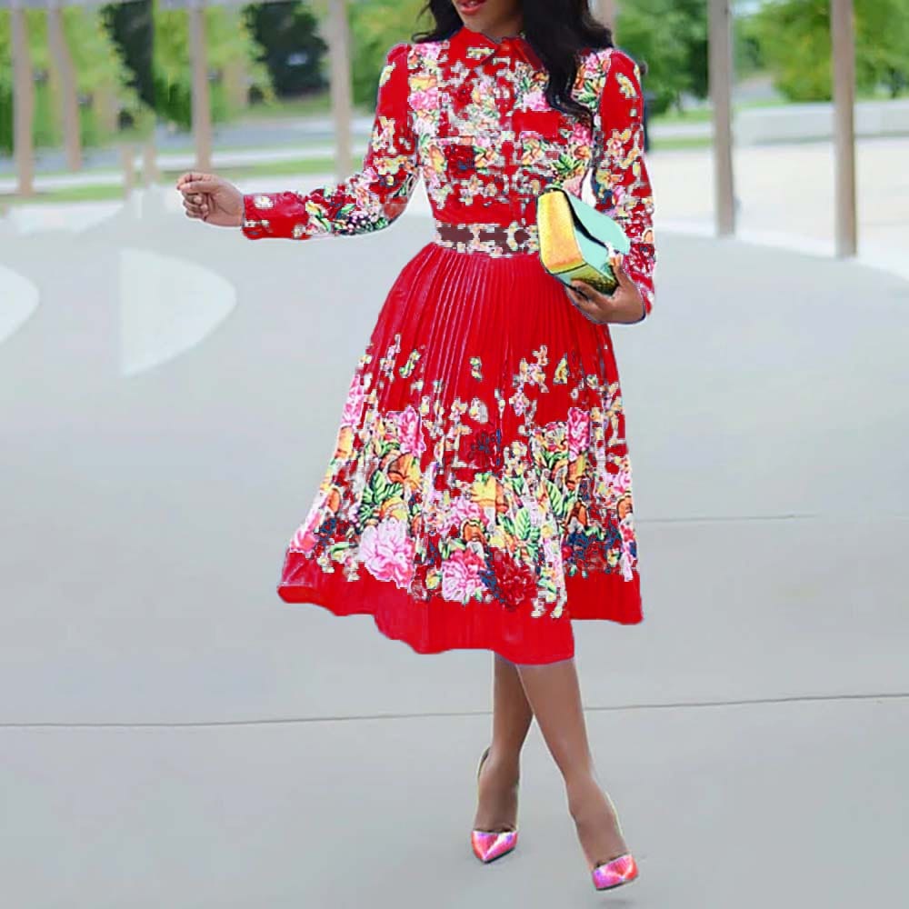 Cap Point Red / XXXL Elmeda Long Sleeve Pleated Floral Print Dress