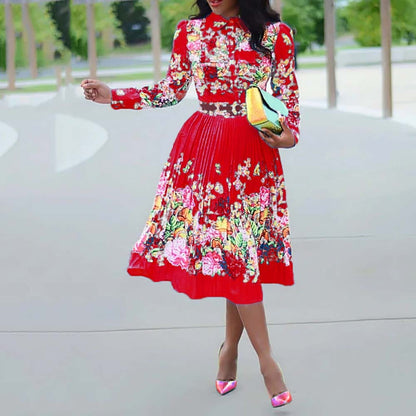 Cap Point Red / XXXL Elmeda Long Sleeve Pleated Floral Print Dress