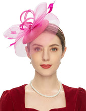 Load image into Gallery viewer, Cap Point rose red Mirva Feather Mesh Veil Headband Bridal Wedding Hat Fascinators
