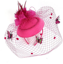 Load image into Gallery viewer, Cap Point Rose Red Mirva Kentucky Derby Flower Batterfly Veil Tea Party Wedding Party Hat Fascinators
