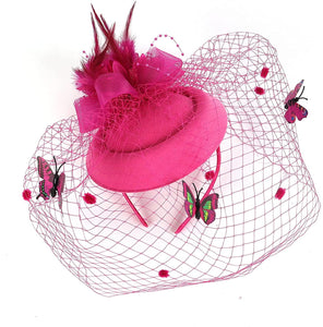 Cap Point Rose Red Mirva Kentucky Derby Flower Batterfly Veil Tea Party Wedding Party Hat Fascinators