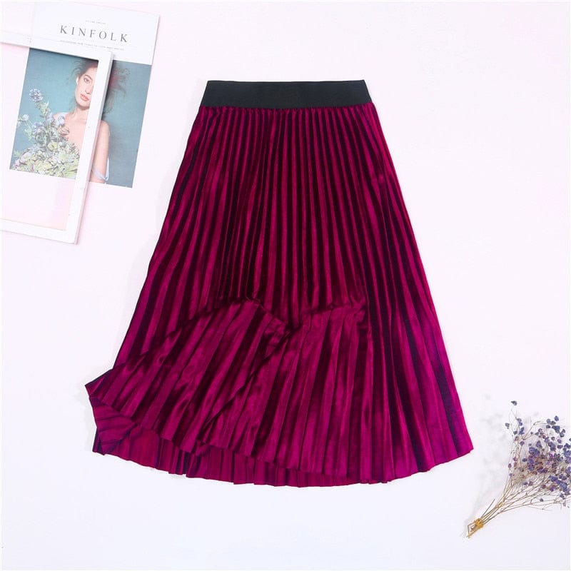 Cap Point Rose Red / One Size Vintage Velvet High Waisted Elegant Pleated Skirt