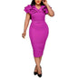 Cap Point Rose Red / S Fashion V Neck Short Ruffled Sleeve Belt Bodycon Midi Dress